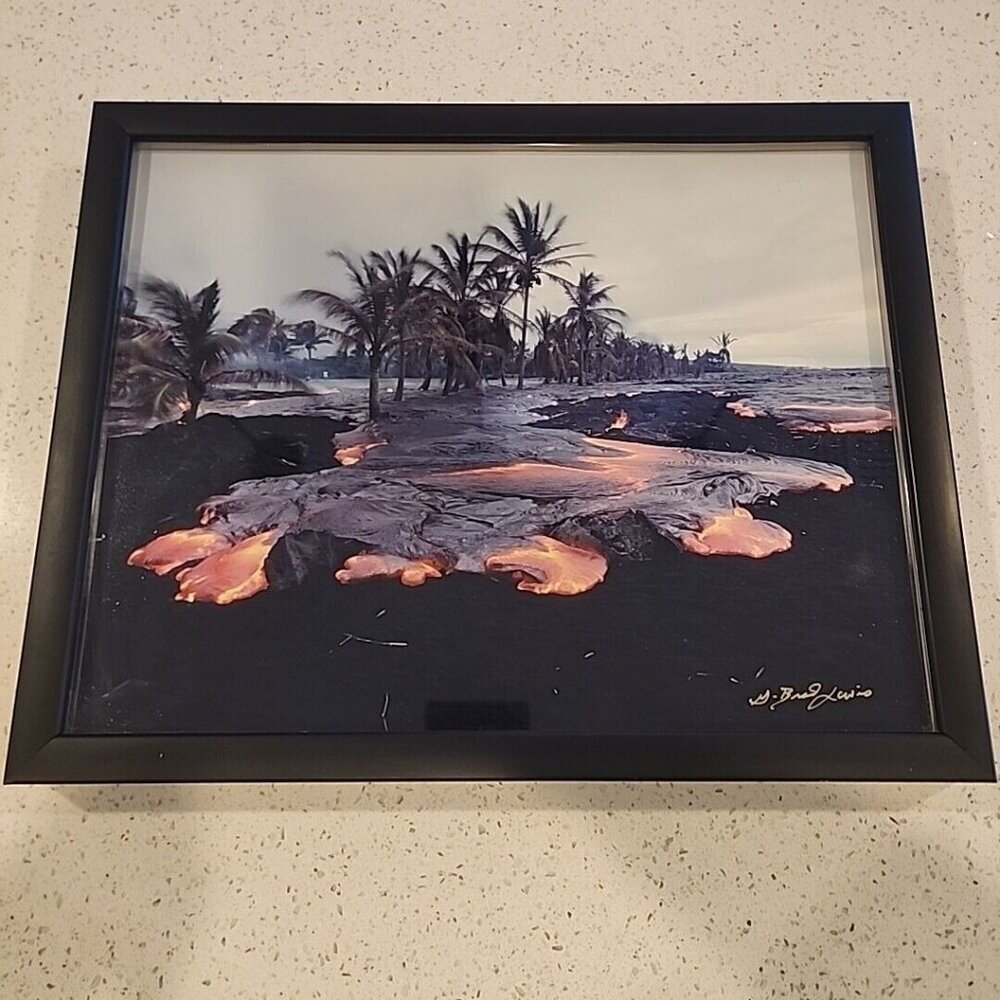 Black Framed Art Photo Hawaii Volcano Lava Signed G Brad Lewis 12x15" Photograph